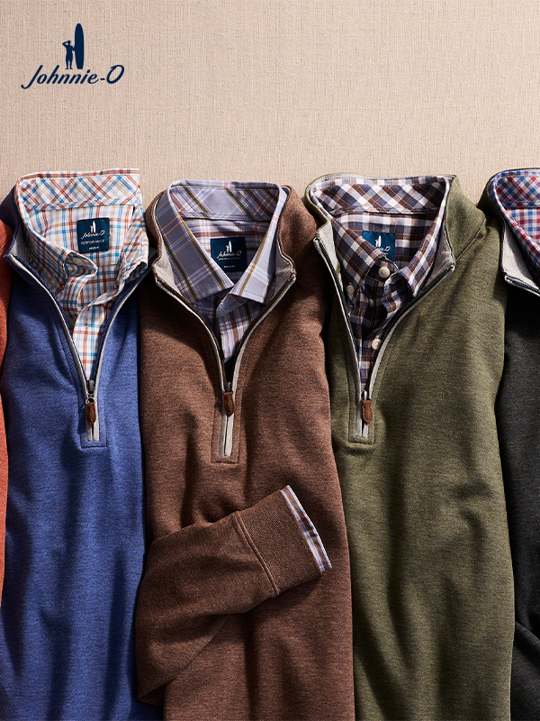 Johnnie-O quarter-zip pullovers over plaid shirts